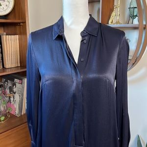 Silky Shine! Navy Blue Shirt Dress w/ Pockets!
